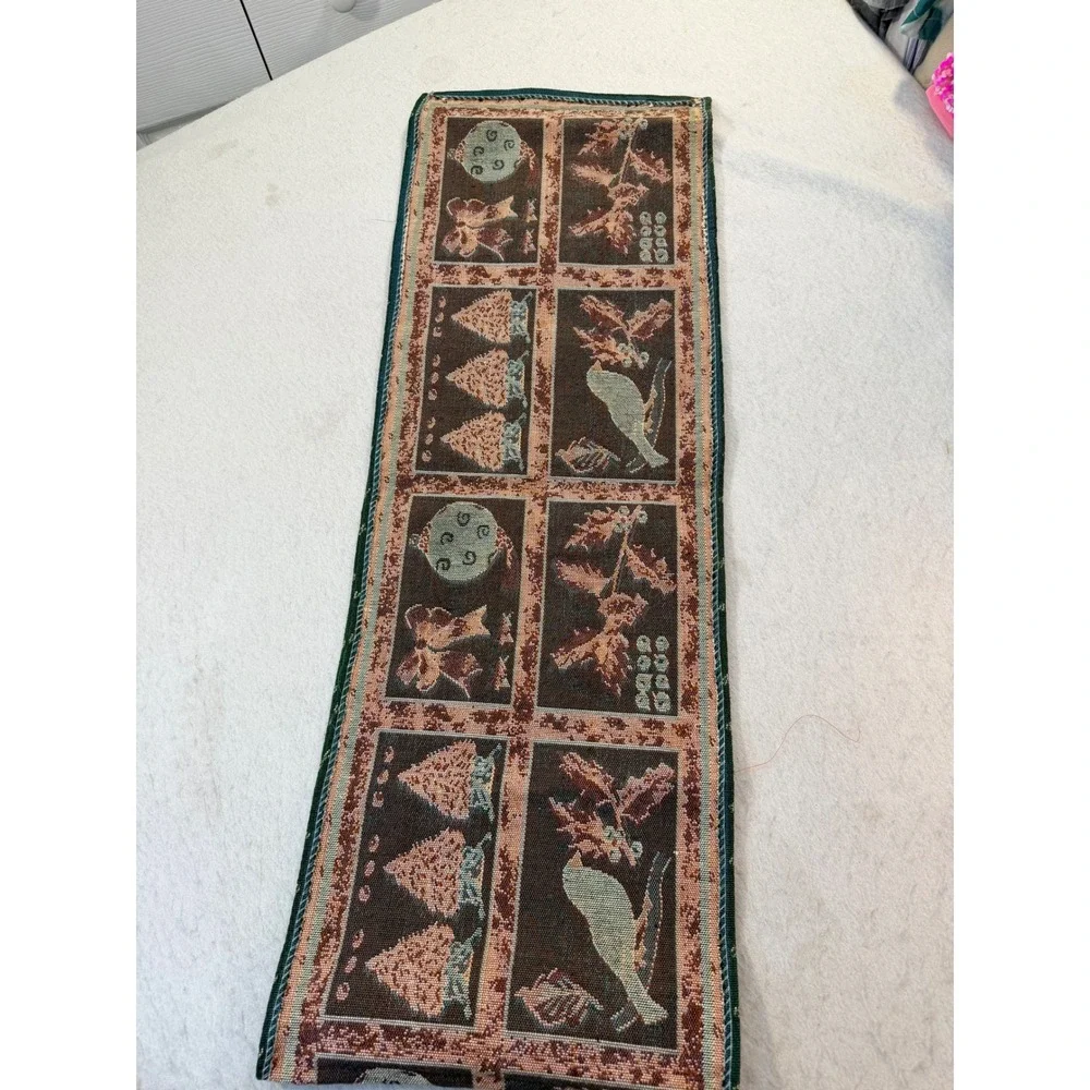 Christmas Woven Tapestry Table Runner Cardinal Holly Tree Green Red 12x 70